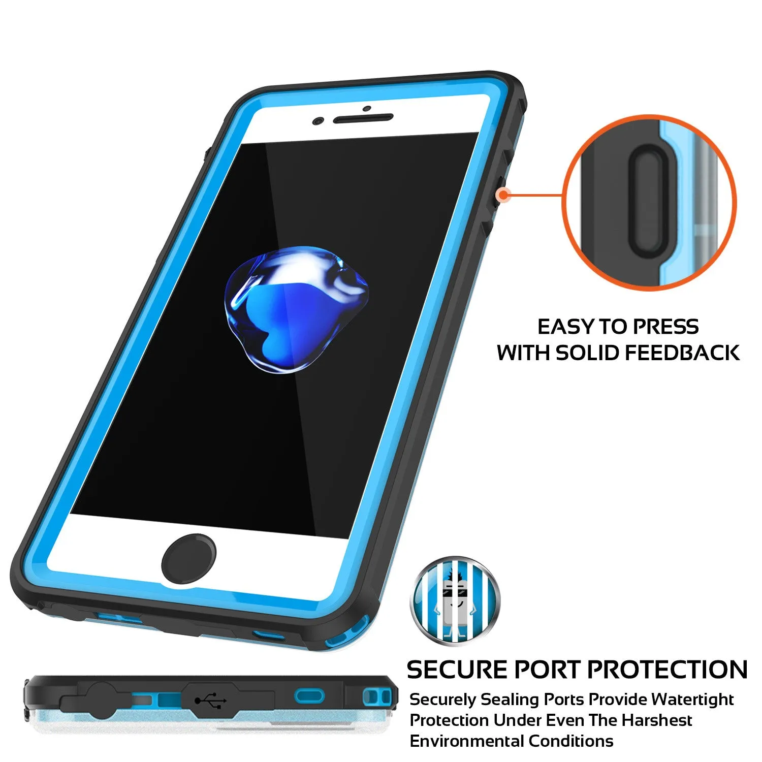 Apple iPhone 7 Waterproof Case, PUNKcase CRYSTAL Light Blue  W/ Attached Screen Protector  | Warranty