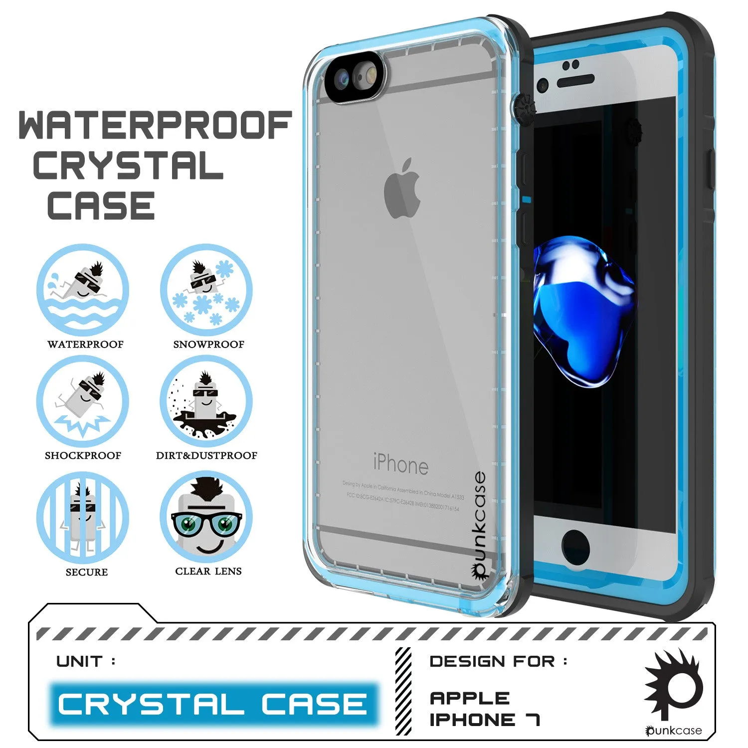 Apple iPhone 7 Waterproof Case, PUNKcase CRYSTAL Light Blue  W/ Attached Screen Protector  | Warranty