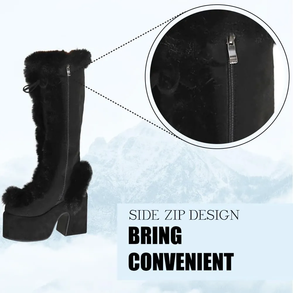 CELNEPHO Knee High Boots For Womens Side Zipper Warm Faux Fur Platform Chunky Heel Punk Goth Walking Winter Snow Boots