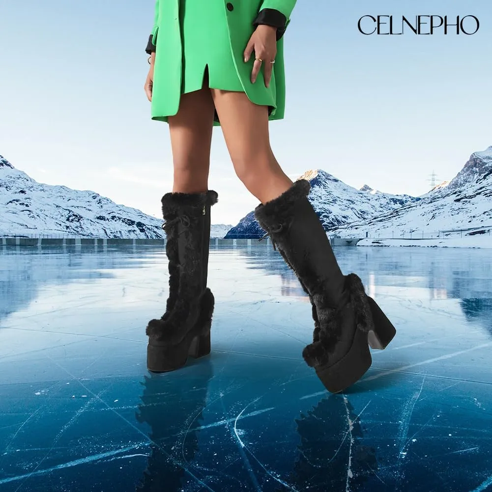 CELNEPHO Knee High Boots For Womens Side Zipper Warm Faux Fur Platform Chunky Heel Punk Goth Walking Winter Snow Boots
