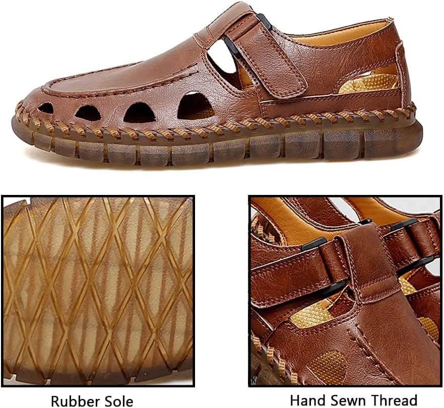 GEXECEUSS Sandals for Men Closed Toe Leather Sport Sandals Fisherman Sandals Outdoor Casual Walking Sandals Summer Water Shoes Beach Wading Shoes