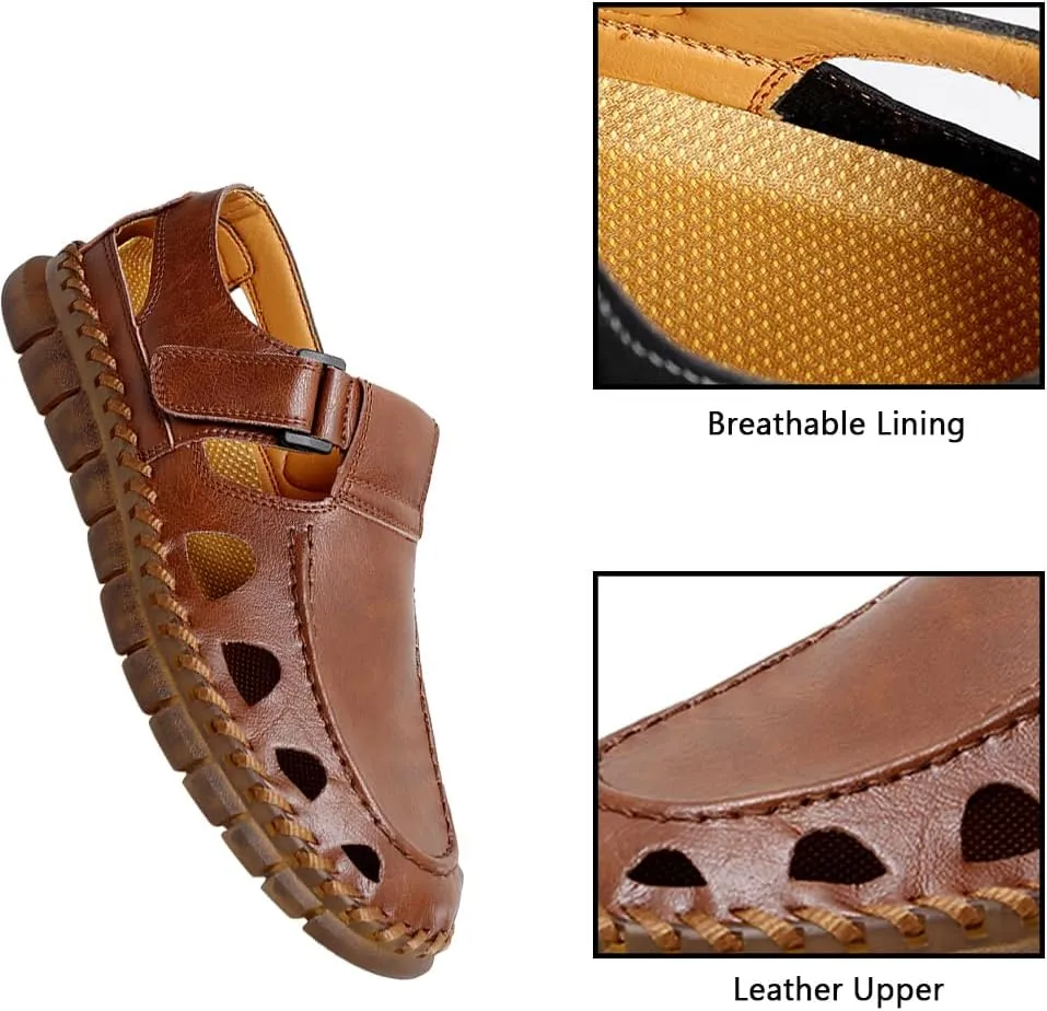 GEXECEUSS Sandals for Men Closed Toe Leather Sport Sandals Fisherman Sandals Outdoor Casual Walking Sandals Summer Water Shoes Beach Wading Shoes