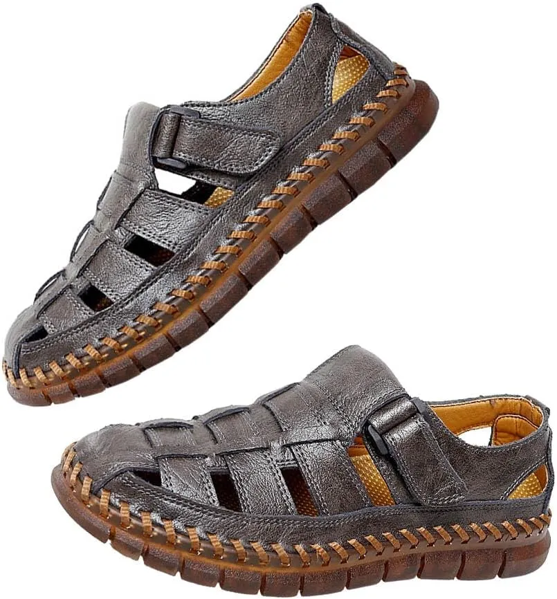 GEXECEUSS Sandals for Men Closed Toe Leather Sport Sandals Fisherman Sandals Outdoor Casual Walking Sandals Summer Water Shoes Beach Wading Shoes