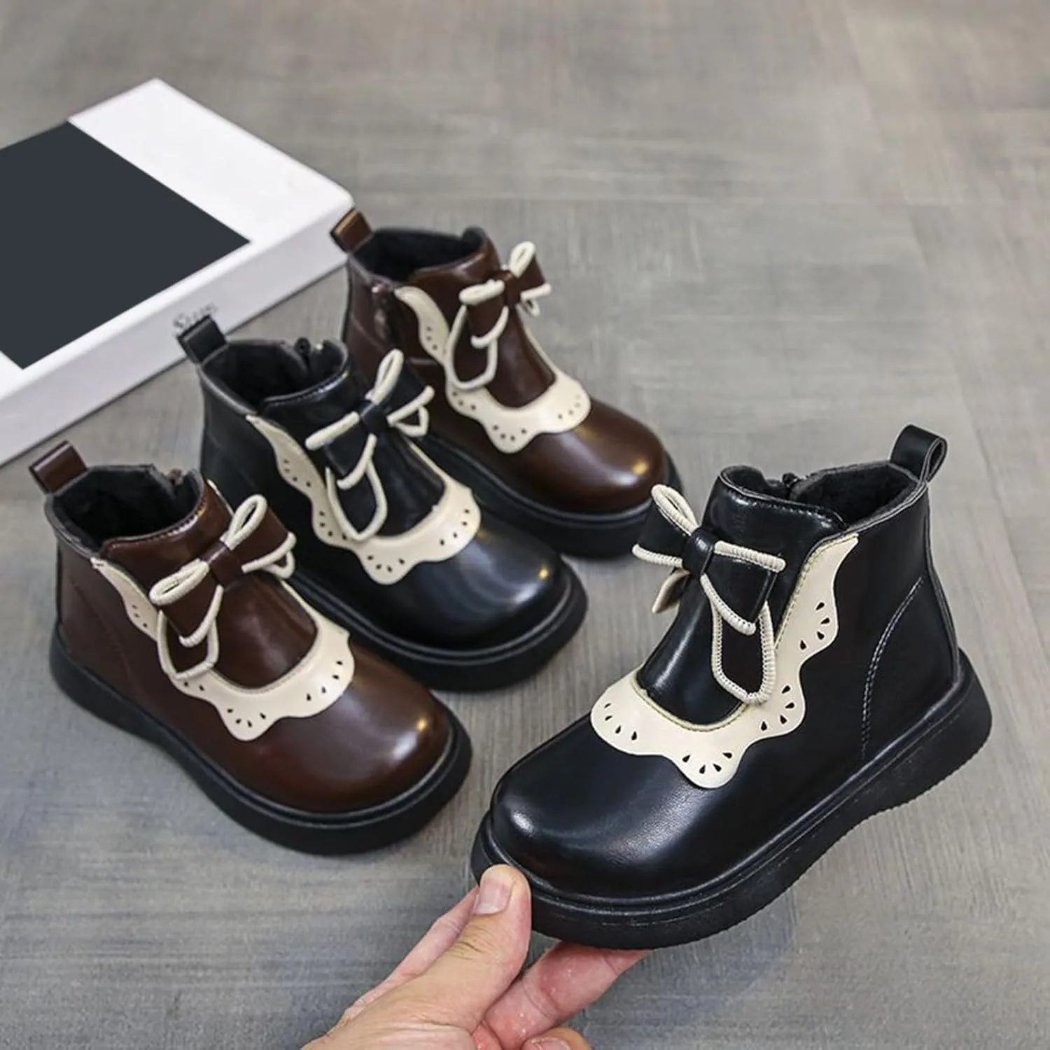 Girls Leather Ankle Boots Bowknot Warm Snow Shoes Baby Infant Non Slip Round Toe Warm Booties with Fashion Toddler Boots