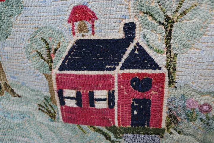Hooked Rug Schoolhouse Signed & Dated Charming