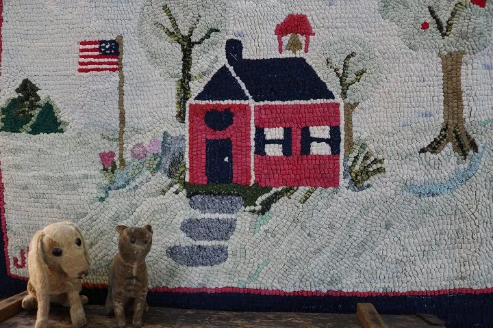 Hooked Rug Schoolhouse Signed & Dated Charming