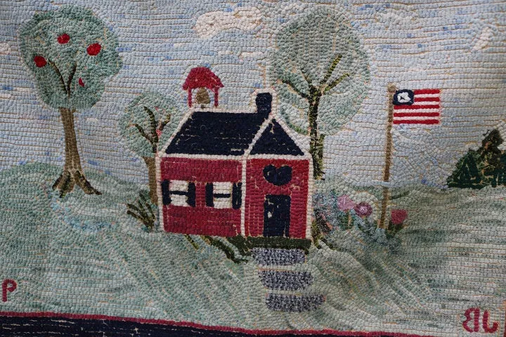 Hooked Rug Schoolhouse Signed & Dated Charming
