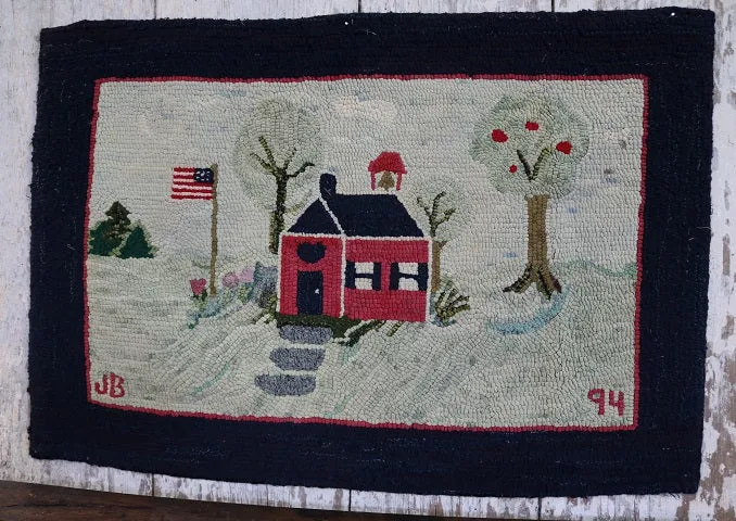 Hooked Rug Schoolhouse Signed & Dated Charming