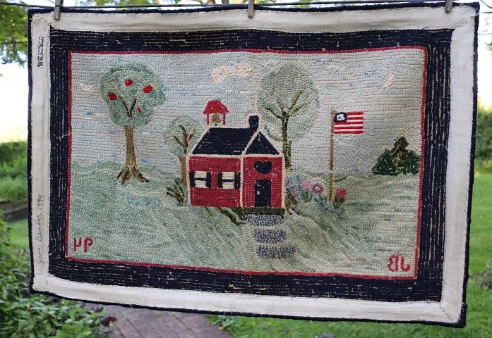 Hooked Rug Schoolhouse Signed & Dated Charming