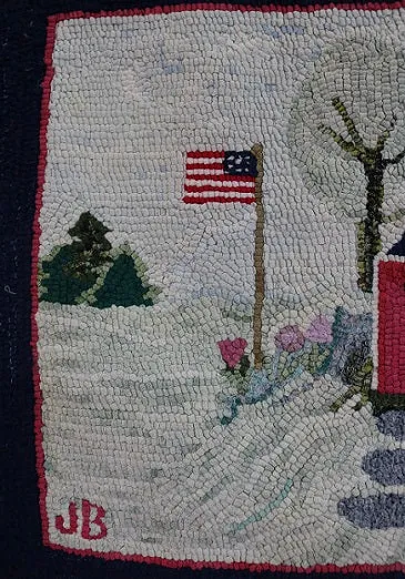 Hooked Rug Schoolhouse Signed & Dated Charming