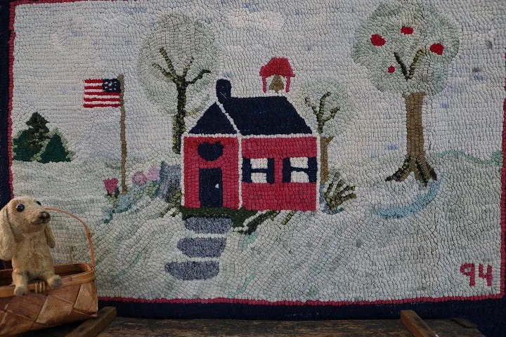 Hooked Rug Schoolhouse Signed & Dated Charming