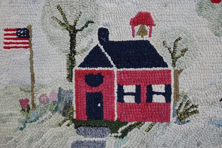 Hooked Rug Schoolhouse Signed & Dated Charming