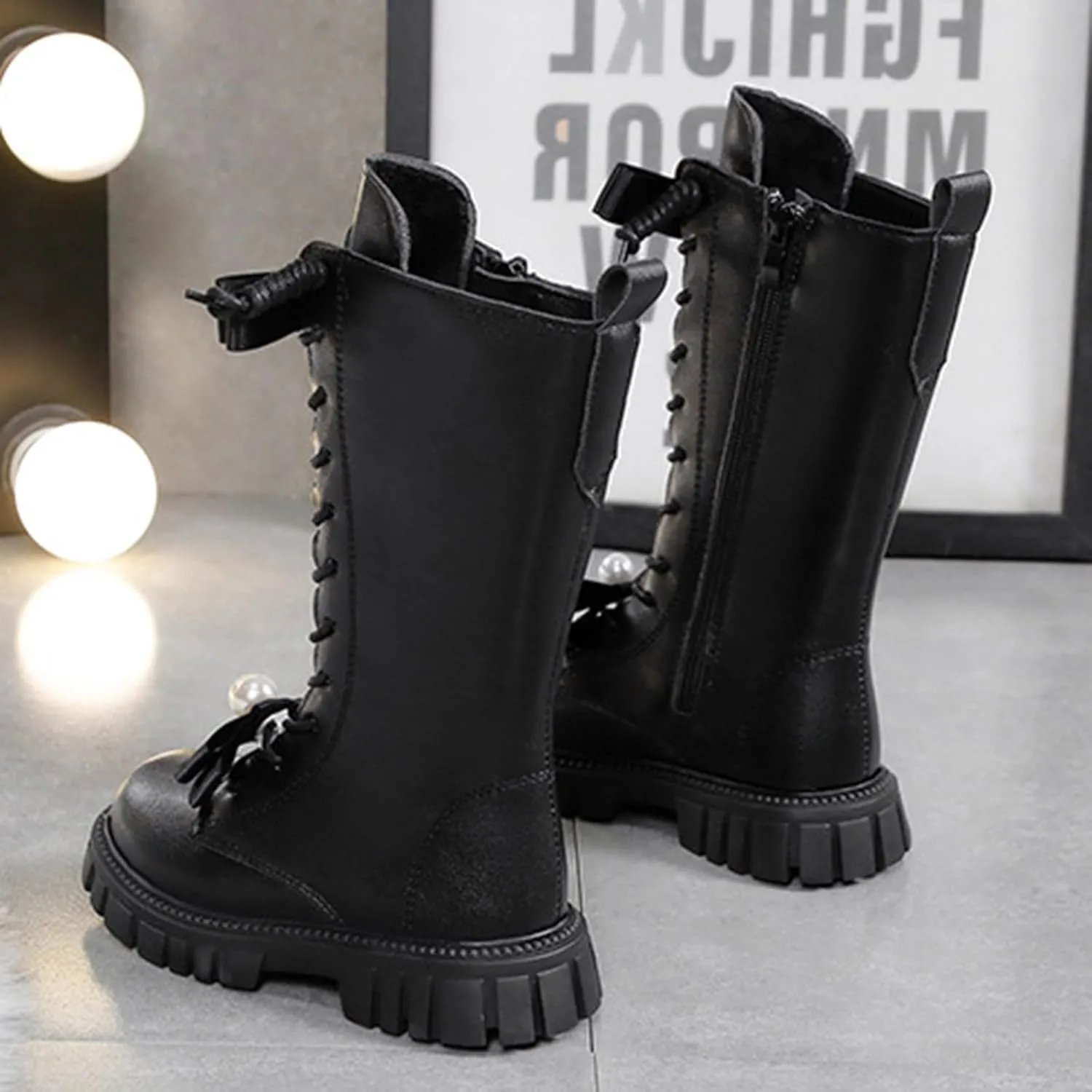 Knee Length Boots for Girls Lace Up Side Zip Combat Boots Girls' High Tall Boots Bow Winter Shoes Little Kids/Big Kids