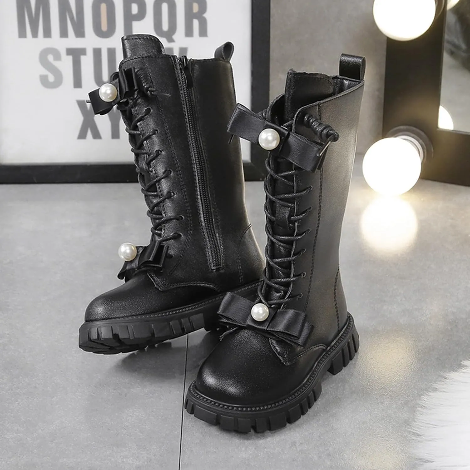 Knee Length Boots for Girls Lace Up Side Zip Combat Boots Girls' High Tall Boots Bow Winter Shoes Little Kids/Big Kids