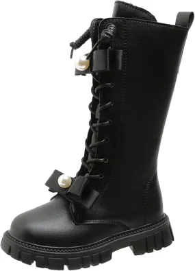 Knee Length Boots for Girls Lace Up Side Zip Combat Boots Girls' High Tall Boots Bow Winter Shoes Little Kids/Big Kids