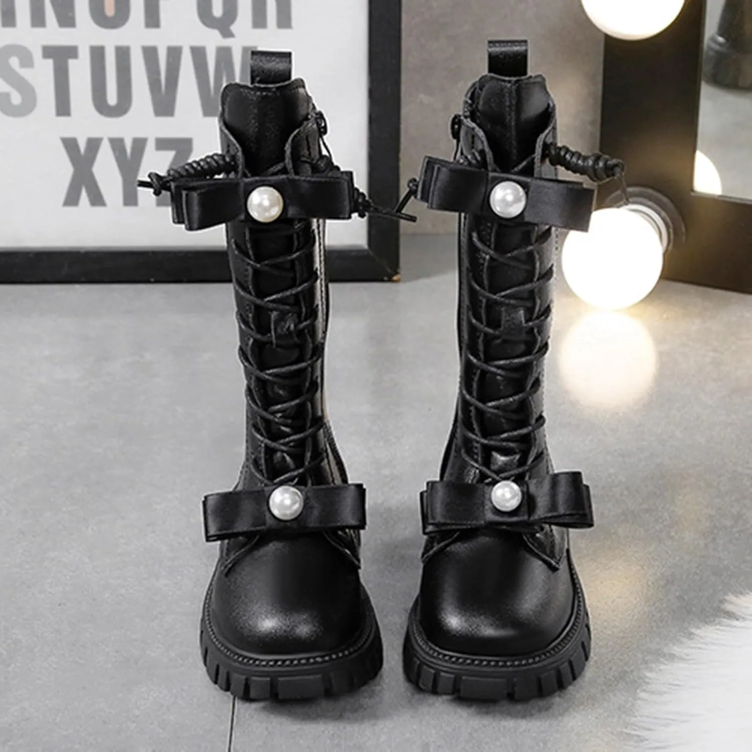 Knee Length Boots for Girls Lace Up Side Zip Combat Boots Girls' High Tall Boots Bow Winter Shoes Little Kids/Big Kids