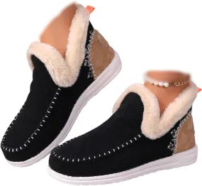 Lausiuoe Boots For Women Ankle Booties Warm Snow Winter Fuzzy Booties Flat Cute Silp On Comfortable Casual Loafers Shoes 2024