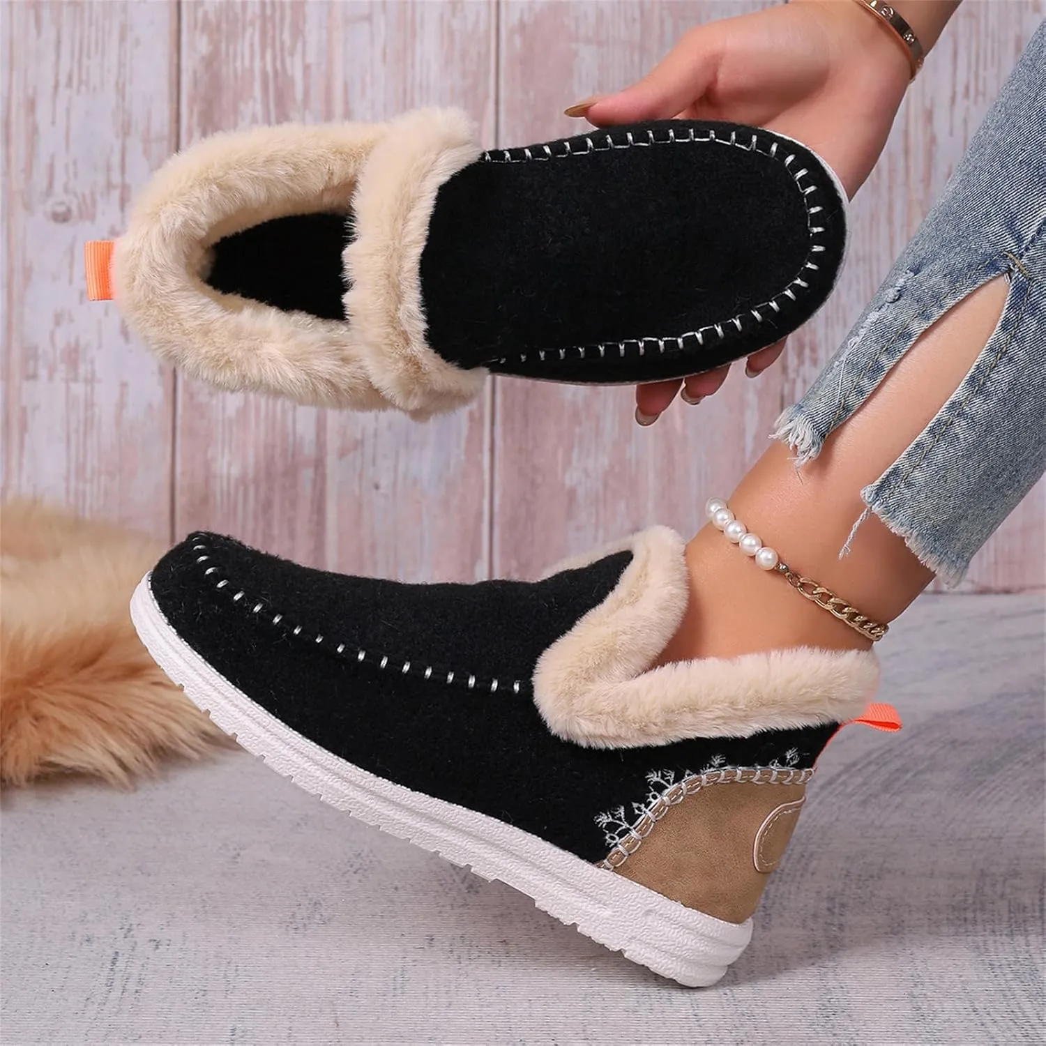 Lausiuoe Boots For Women Ankle Booties Warm Snow Winter Fuzzy Booties Flat Cute Silp On Comfortable Casual Loafers Shoes 2024