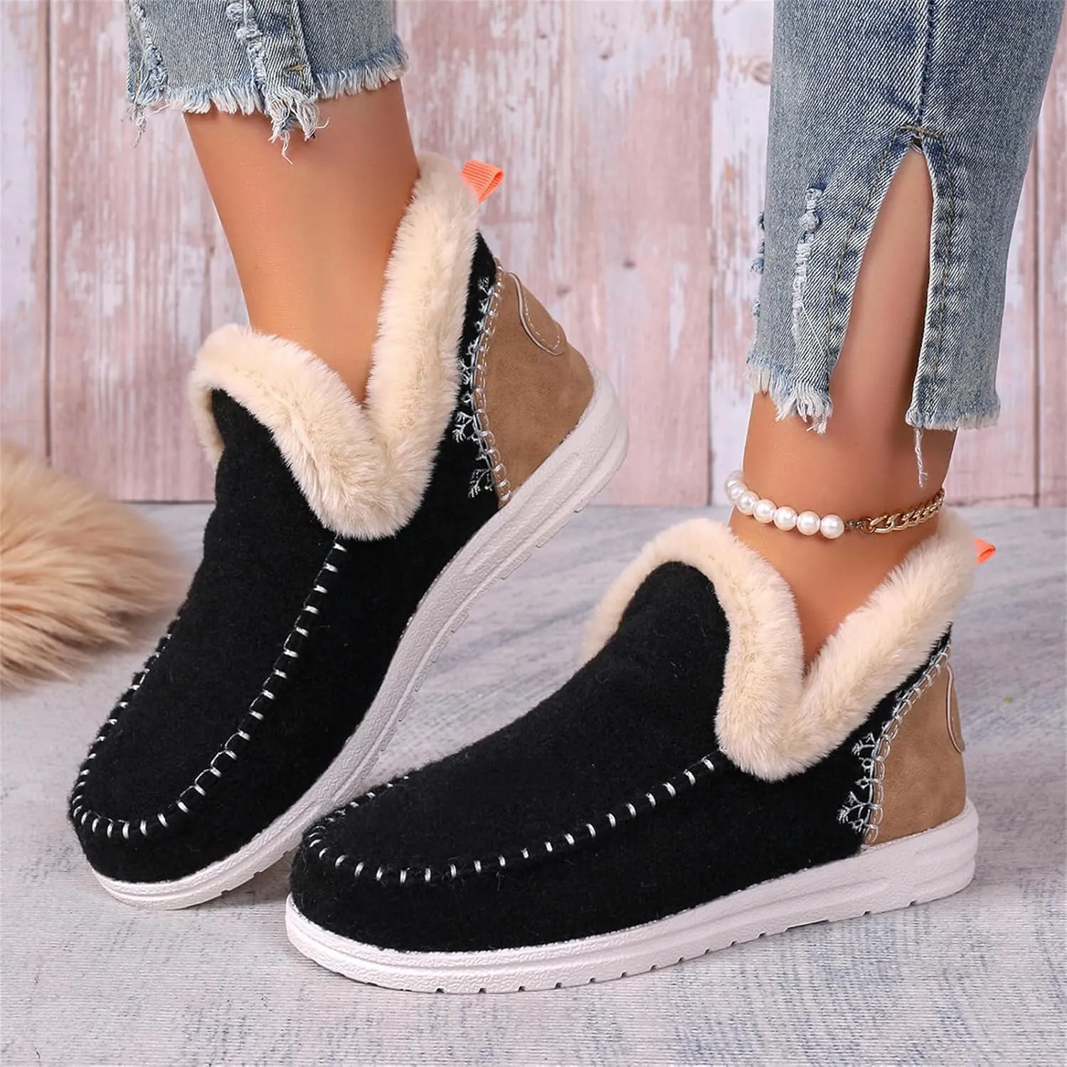 Lausiuoe Boots For Women Ankle Booties Warm Snow Winter Fuzzy Booties Flat Cute Silp On Comfortable Casual Loafers Shoes 2024