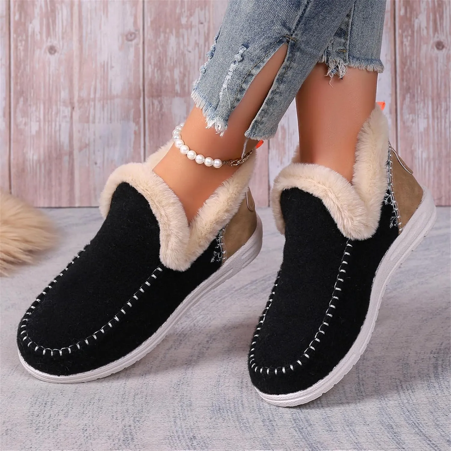 Lausiuoe Boots For Women Ankle Booties Warm Snow Winter Fuzzy Booties Flat Cute Silp On Comfortable Casual Loafers Shoes 2024
