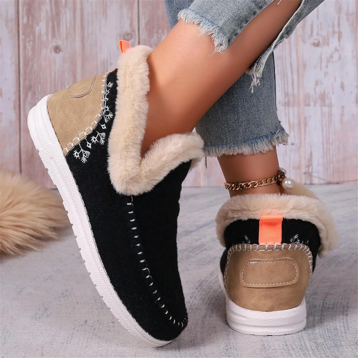 Lausiuoe Boots For Women Ankle Booties Warm Snow Winter Fuzzy Booties Flat Cute Silp On Comfortable Casual Loafers Shoes 2024