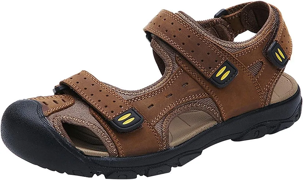 Men's Closed-toe Hook&Loop Leather Outdoor Trekking Sports Sandals Shoes