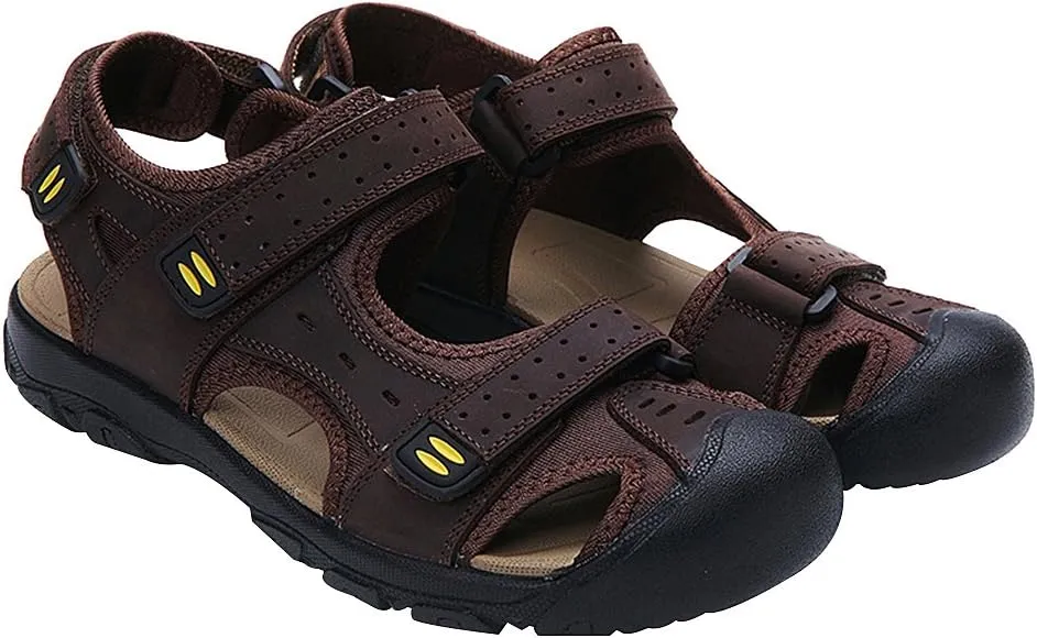 Men's Closed-toe Hook&Loop Leather Outdoor Trekking Sports Sandals Shoes