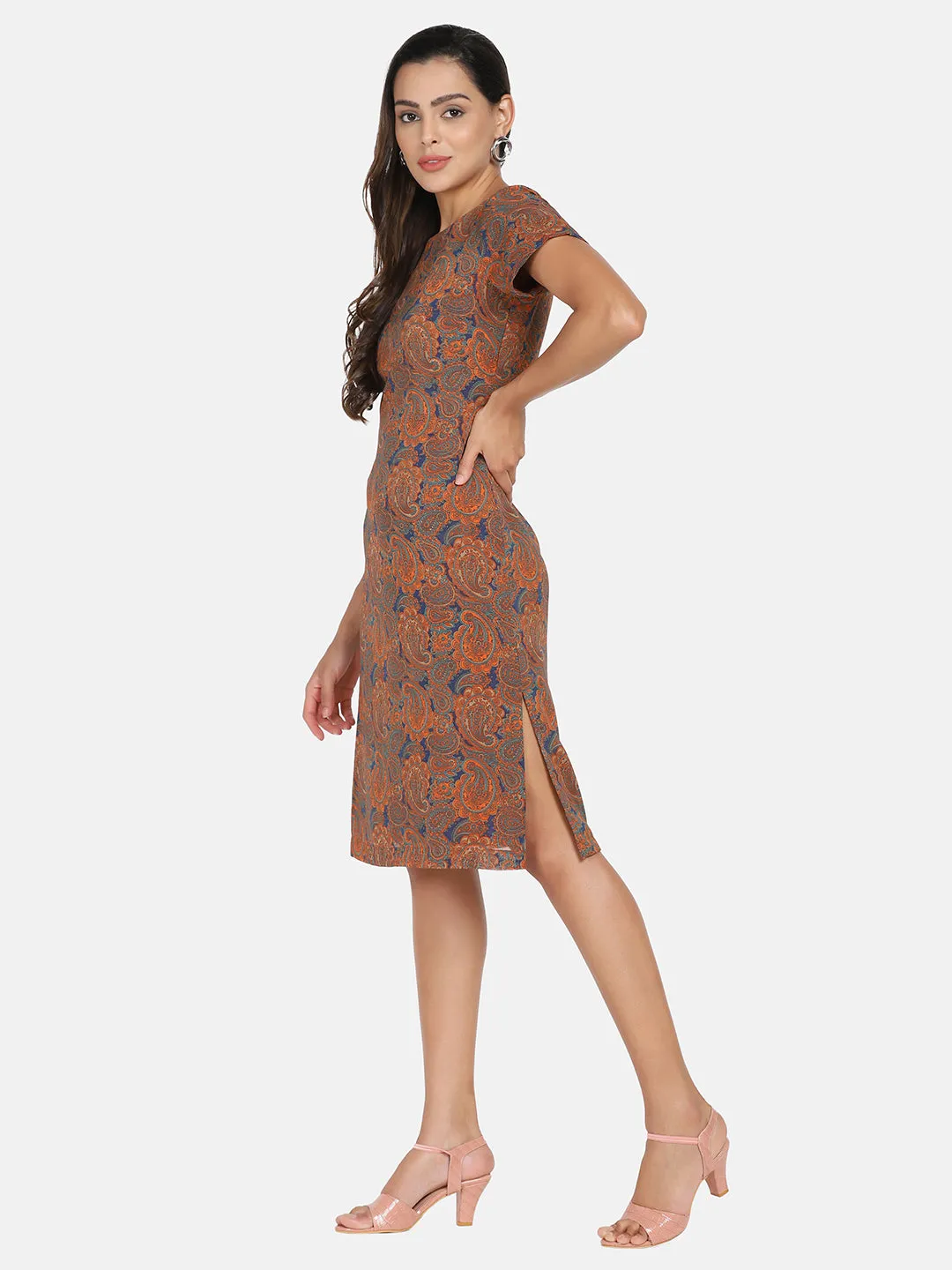 Paisley Print Georgette Sheath Dress for Women - Orange & Blue