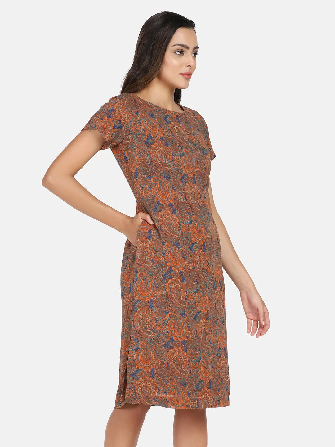 Paisley Print Georgette Sheath Dress for Women - Orange & Blue