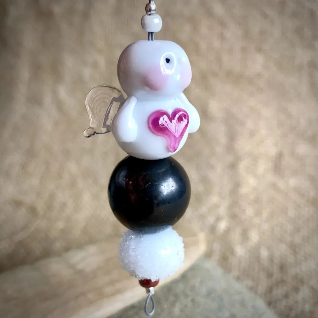 Snow Angel & Shungite Ornament, Big Pink Heart, Clear Glass Wings