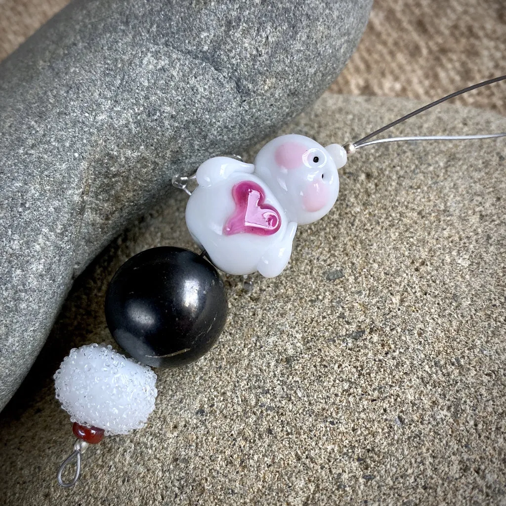 Snow Angel & Shungite Ornament, Big Pink Heart, Clear Glass Wings