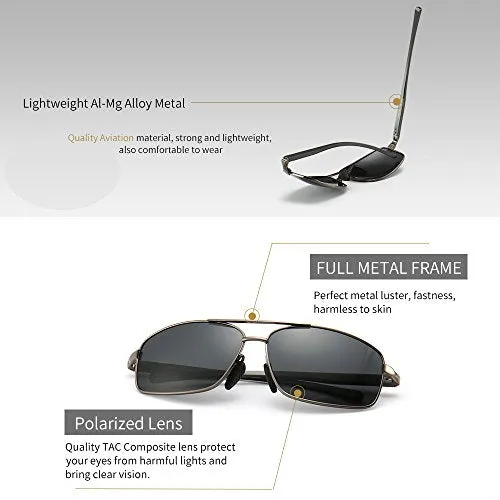 SUNGAIT Ultra Lightweight Rectangular Polarized Sunglasses UV400 Protection (Gunmetal Frame Gray Lens, 62) Metal Frame 2458 QKH