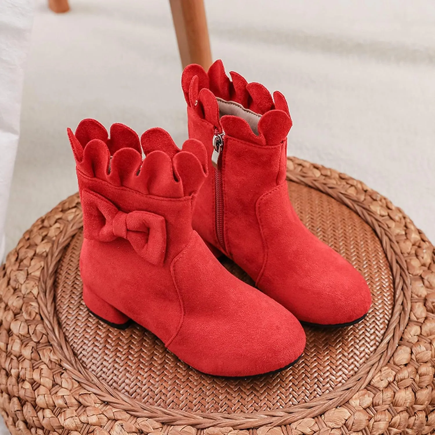 Toddler/Little Girls Sweet Short Ankle Boots Bowknot Side Zipper Low Heel Dress Booties Fashion Princess Shoes