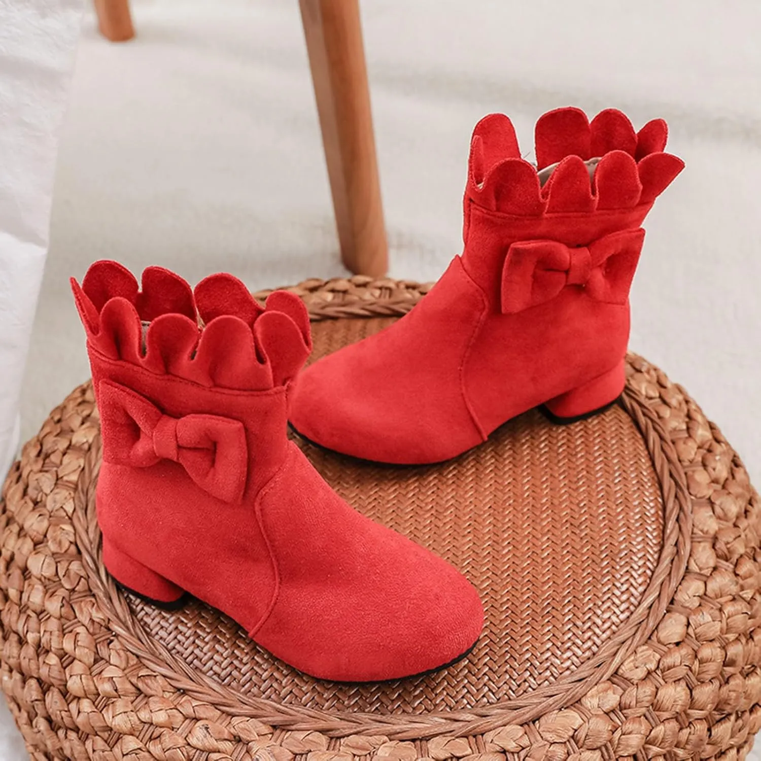 Toddler/Little Girls Sweet Short Ankle Boots Bowknot Side Zipper Low Heel Dress Booties Fashion Princess Shoes