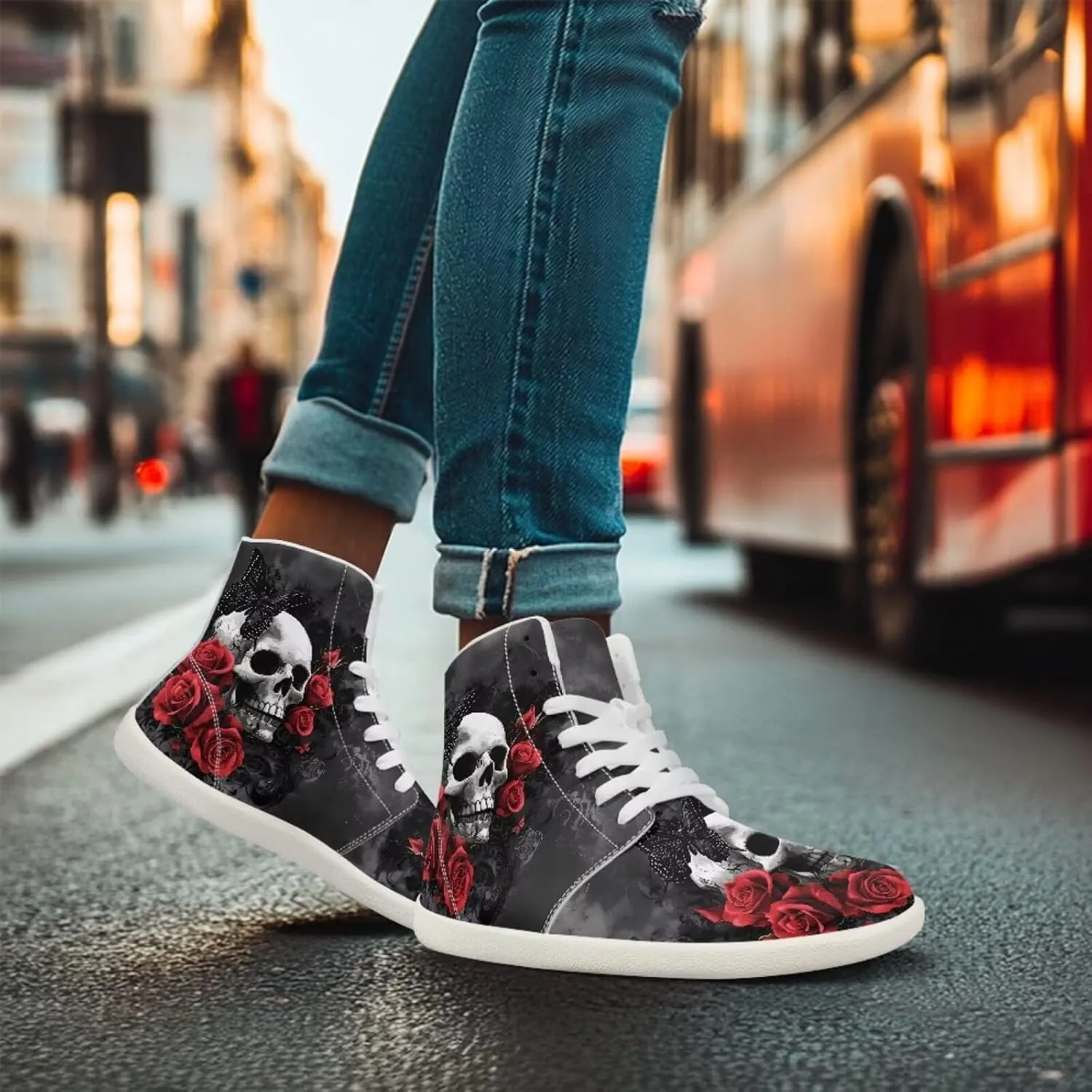 Unisex Mens Skull High Top Shoes Fashion Lace Up Running Ankle Support Sneakers for Hiking Walking