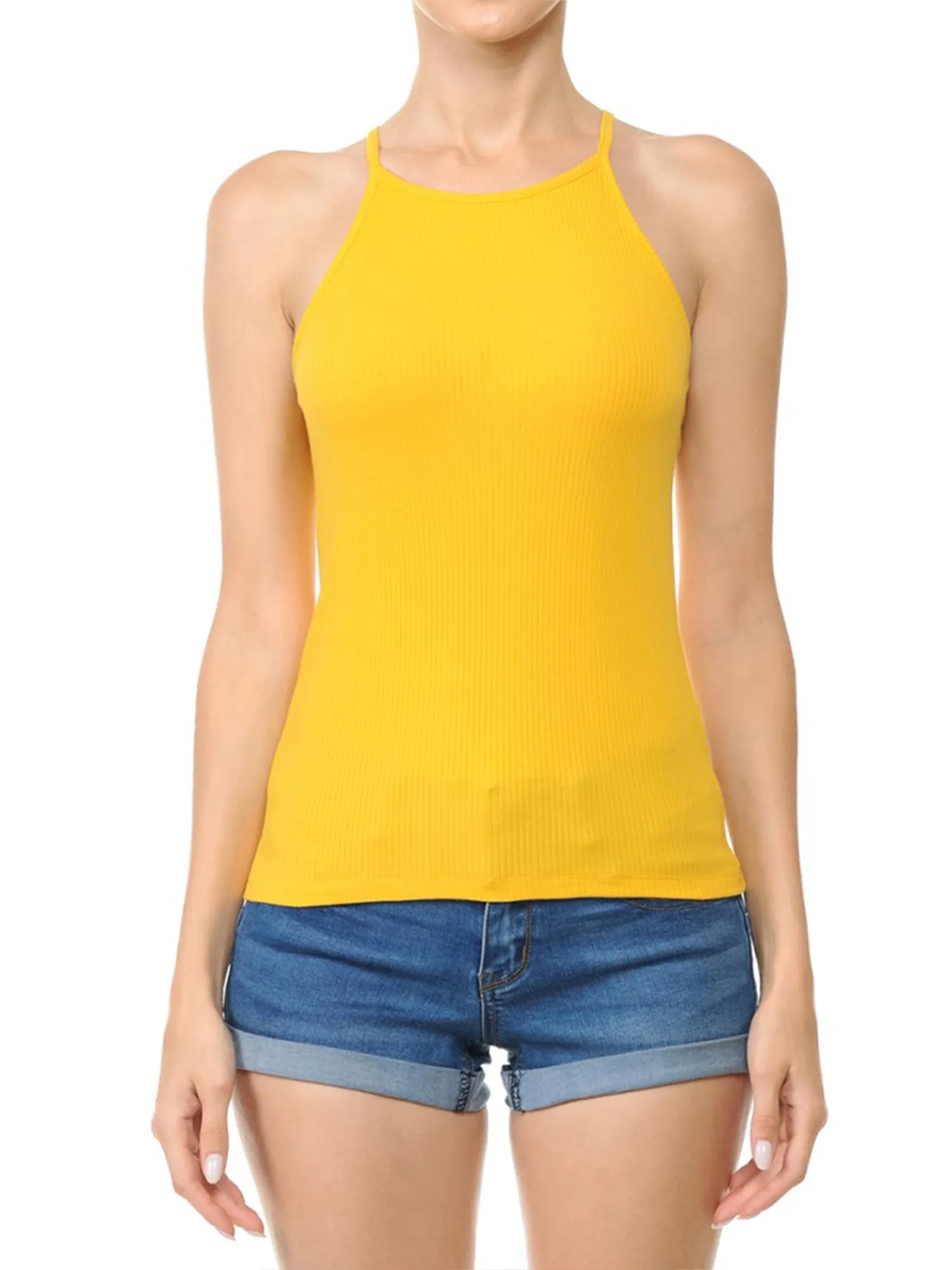Women's Basic Ribbed Knit, High Neck Racerback Camisole Top (FWT1004)