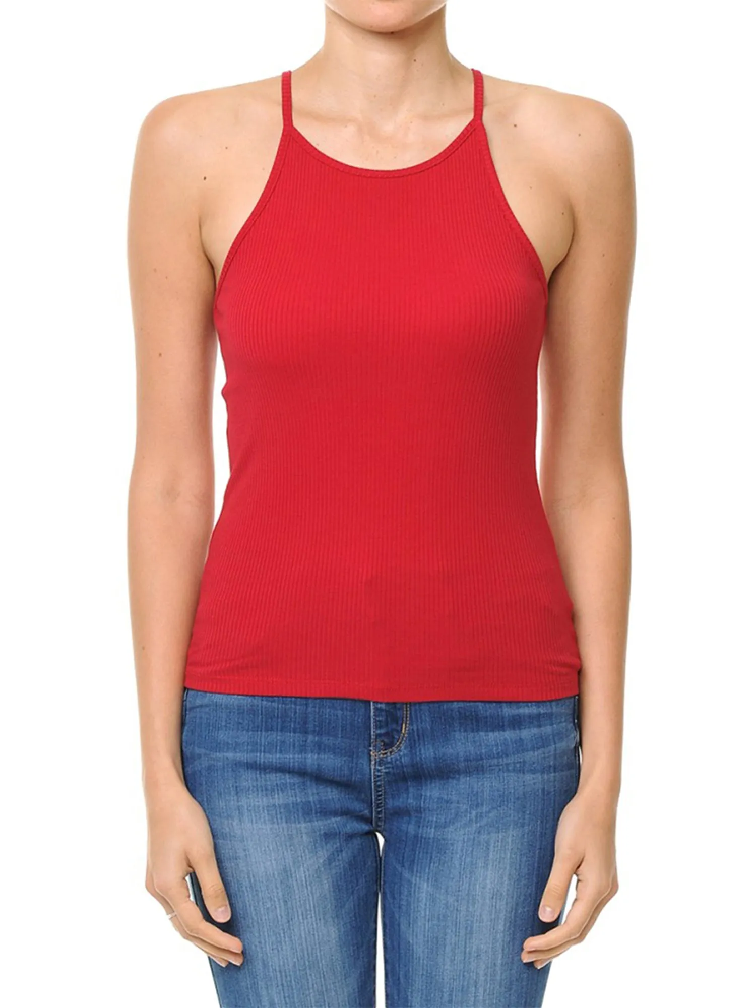 Women's Basic Ribbed Knit, High Neck Racerback Camisole Top (FWT1004)