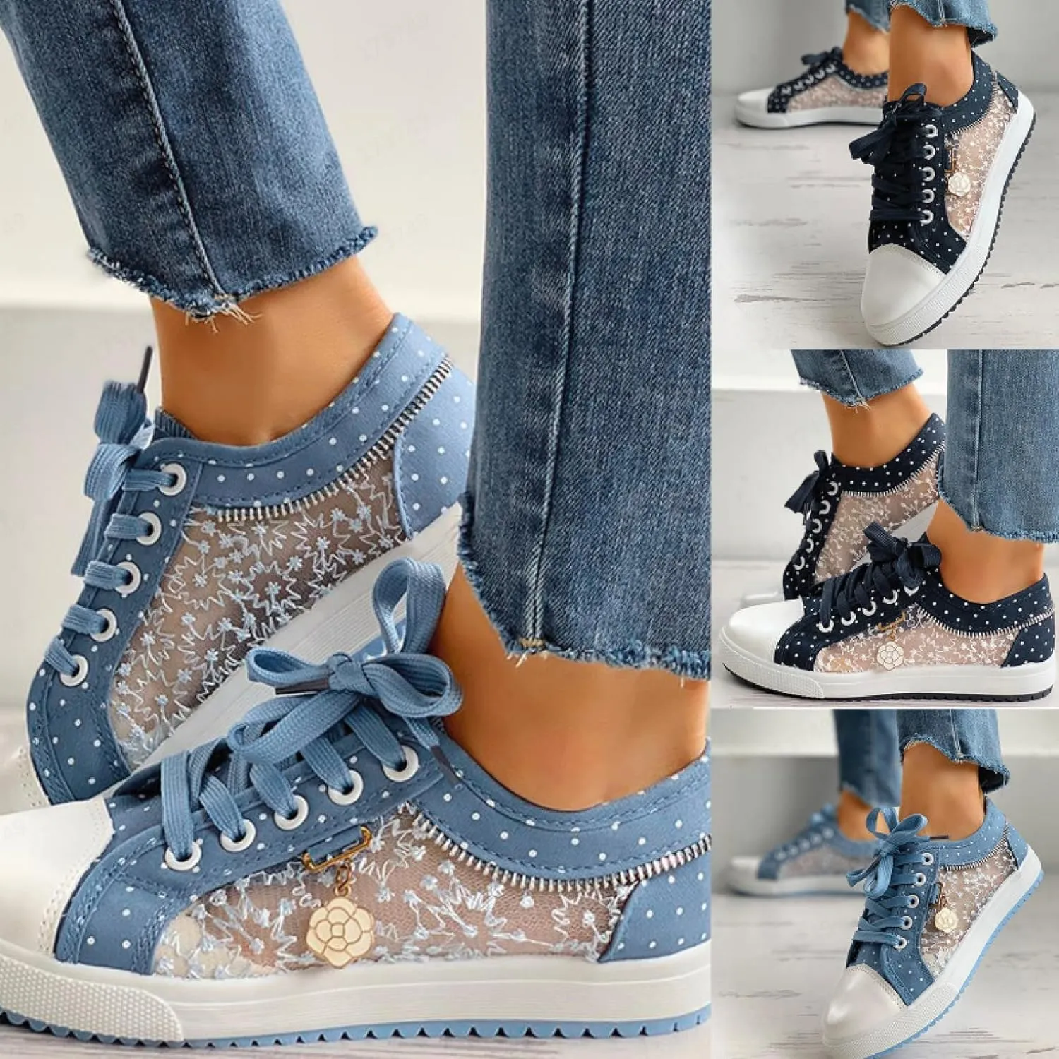 Women's Hollow Denim Mesh Shoes Breathable Lightweight Walking Shoes Outdoor Trainers Camping Trail Trekking Footwear