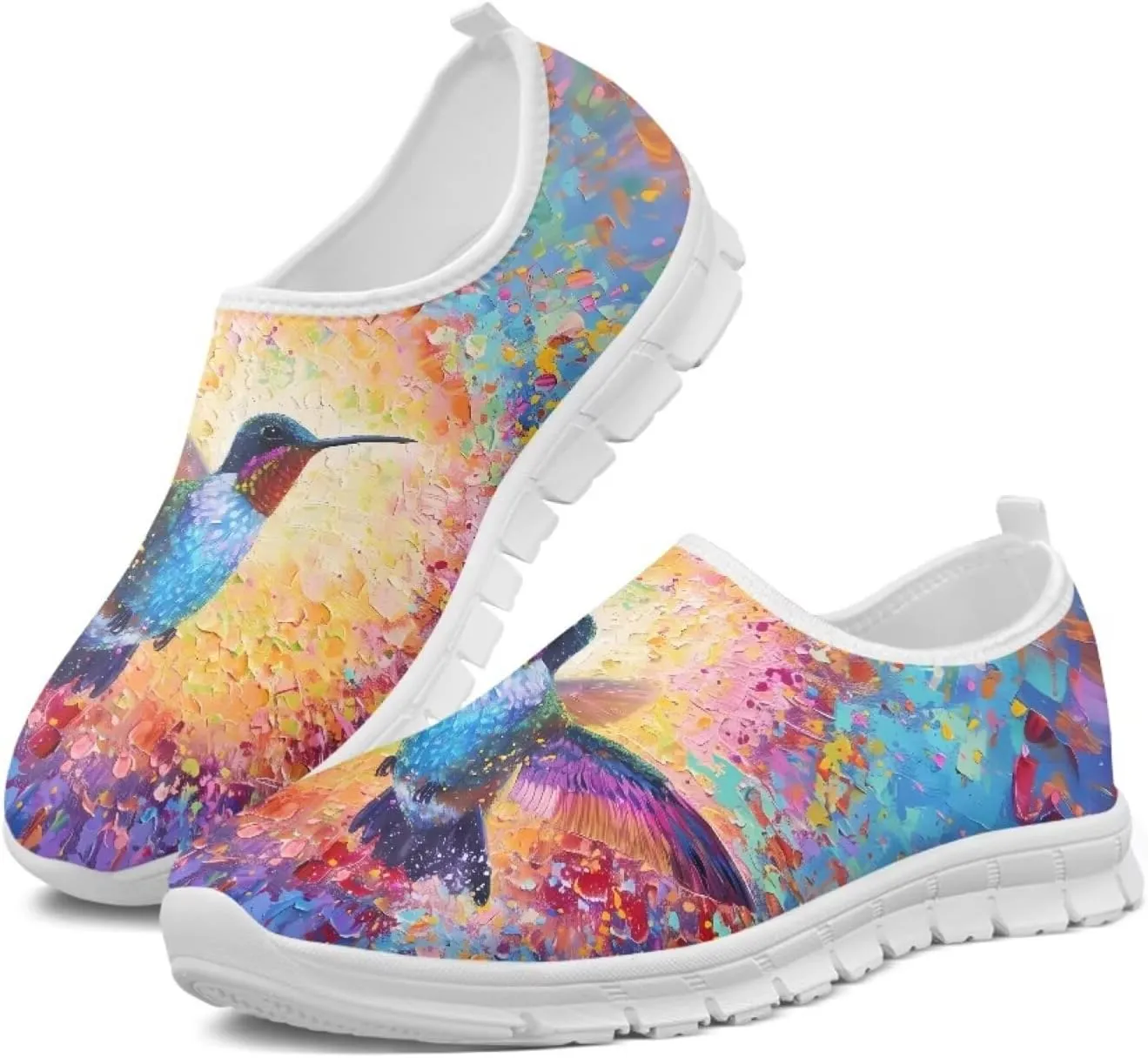 Women's Hummingbird Flower Wide Flats Loafer Leisure Shoes Slip On Lowtop Work Walking Sneaker
